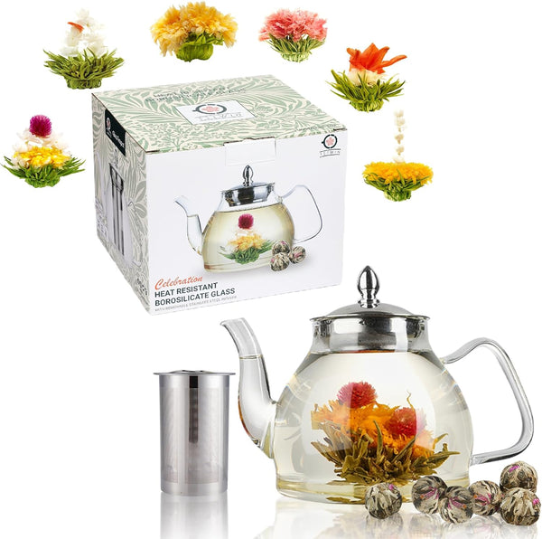 TETWIN Glass Teapot Including 6 Blooming Flower Tea Balls, Stovetop Safe Tea