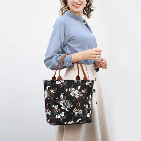 Gloppie Insulated Lunch Bag for Women, Leakproof Lunch Tote with White Flower Design