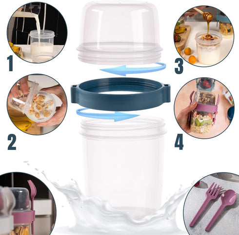 4-Pack 22 oz (22 oz 4 Pack) Portable Breakfast Cups with Lids & Spoons Reusable Cereal and Yogurt Containers