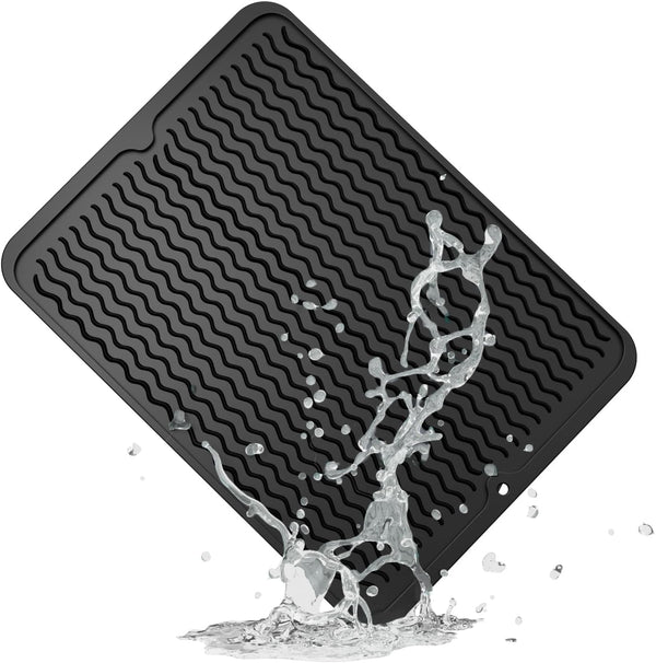 ZLR Silicone Dish Drying Mat, 12" x 16" Large, Eco-Friendly, Heat Resistant Trivet, Easy Clean Multi-Usage, Black