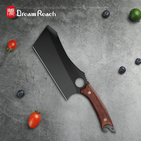 Dream Reach 6.9 Inch Black Meat Cleaver, High Carbon Steel Boning Knife with Sheath Gift Box and Bottle Opener