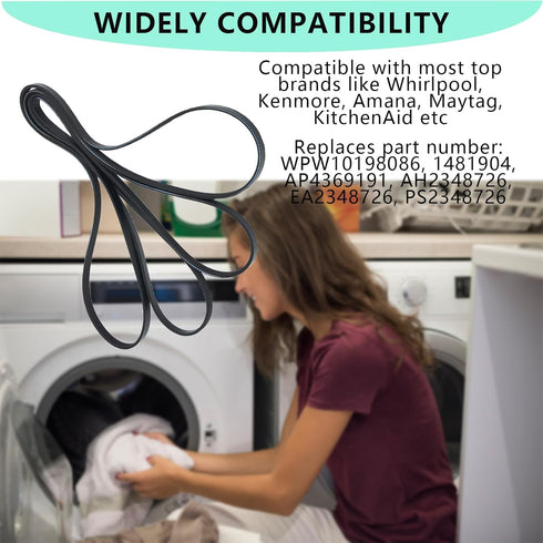 2024 NEW W10198086 Dryer Drum Drive Belt for Maytag Whirlpool Dryer, Replaces WPW10198086