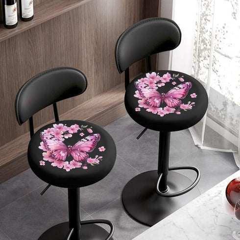Peach Blossom Bar Stool Covers, Removable Washable Butterfly Print Round Stool Cushion Covers for Dining Room Set of 2
