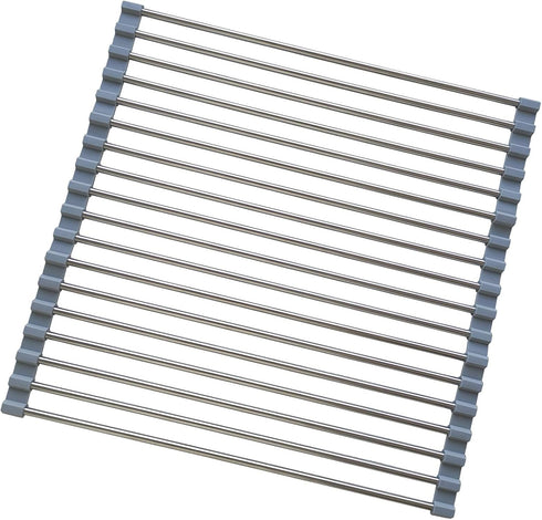 Roll Up Dish Drying Rack, Stainless Steel and Silicone Over The Sink Foldable Drain Rack for Kitchen, 14.5” x 14”, Gray