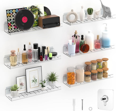 LAZYROSY 6 Pack Floating Shelves - Clear Acrylic/PET Wall Mounted Non-Drilling Storage