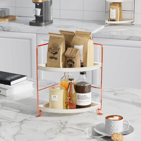 FSyueyun 2-Tier Corner Bathroom Counter Organizer, Tool-Less Installation Vanity Shelf, Small Plastics Makeup Tray