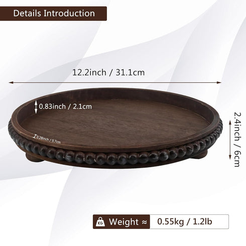 12in FramePro Decorative Tray Round Wood Beaded - Brown Serving Tray Risers for Living Room, Coffee Table, Kitchen