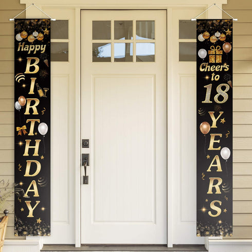 Happy Birthday Cheers to 18 Years Black Gold Yard Sign Door Banner for 18th Birthday Decorations Party Supplies