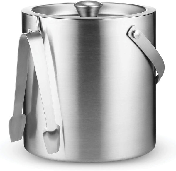 FineDine Double-Wall Stainless Steel Insulated Ice Bucket - 3 Liter with Lid & Ice Tong for Home Bar