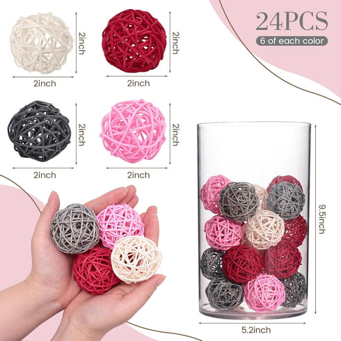DomeStar 24PCS Pink Rattan Balls - Valentine's Day Decorative Balls for Bowl Centerpiece - 2 Inches Cute Wicker Balls