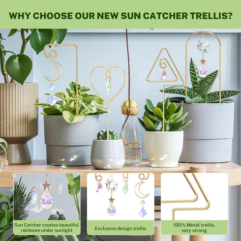 14.17 Inch 4 Pack WellSign Small Trellis for Potted Plants Indoor with Colorful Crystal Sun Catcher, Metal Plant