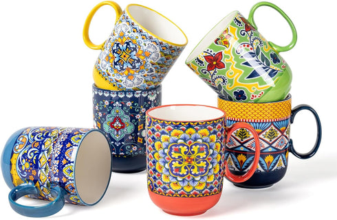 HENXFEN LEAD Boho Ceramic Coffee Mugs Set of 6 14 oz Porcelain