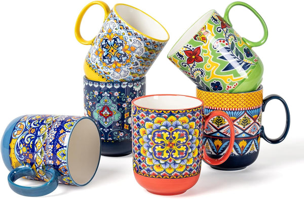 HENXFEN LEAD Boho Ceramic Coffee Mugs Set of 6 14 oz Porcelain