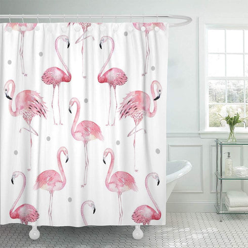 ArtSocket Shower Curtain, Watercolor Bath Pink Flamingos with Grey Polka Dots, Polyester Fabric Waterproof 72 x 72