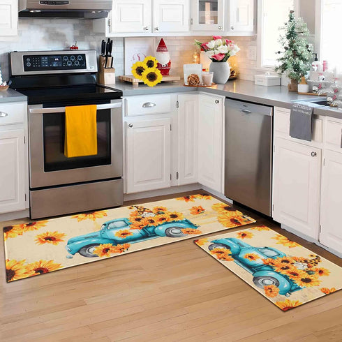 Sunflower Kitchen Rugs Decor Set of 2, Retro Style Non-Slip Kitchen Mat with Rubber Backing