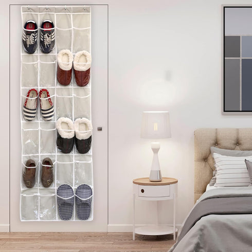 Simple Houseware 24 Pockets Over The Door Hanging Shoe Organizer, Crystal Clear, Gray (64'' x 19'')