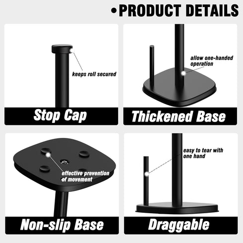 Paper Towel Holder Countertop, Standing Roll Holder for Kitchen Bathroom with Weighted Base & Suction Cups (Matte Black)