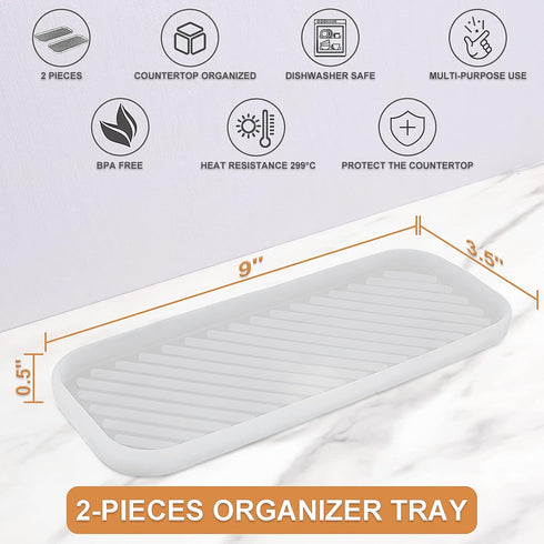 Silicone Organizer Tray, 2 Pack, Clear Soap and Sponge Holder for Kitchen Sink & Bathroom, Dish Brush Storage