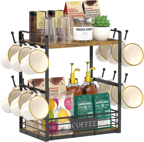 EsLuker.ly 2 Tier Coffee Bar Organizer, Multi-functional Countertop Shelf with 12 Hooks for Home Office