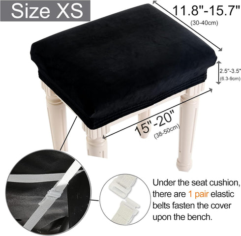 SINOSSO Soft Velvet Vanity Bench Cover, Stretch Washable Rectangle Saddle Bar Stool Slipcover - Black