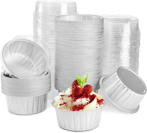 DEAYOU 100-Pack Silver Cupcake Baking Liner with Lid, Tart Pie Tin Pan Holder for Party, Wedding, Creme Brulee