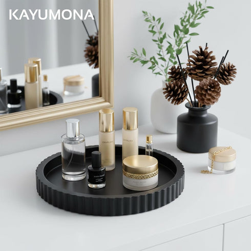 KAYUMONA 11" Counter Modern Decorative Tray for Coffee Table, Wooden Black Round Small Decor Tray for Candle, Perfume