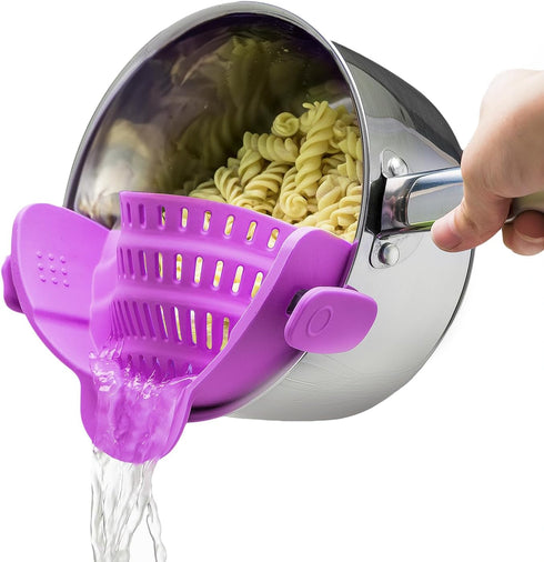 Kitchen Gizmo Snap N Strain Pot and Pasta Strainer - Adjustable Silicone Clip On Strainer for Pots, Pans, Bowls, Purple