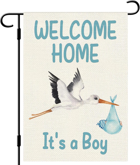 Welcome Home Baby Boy Garden Flag 12×18 Inch Double Sided Burlap Flag for Newborn Gender Reveal Lawn Yard Sign