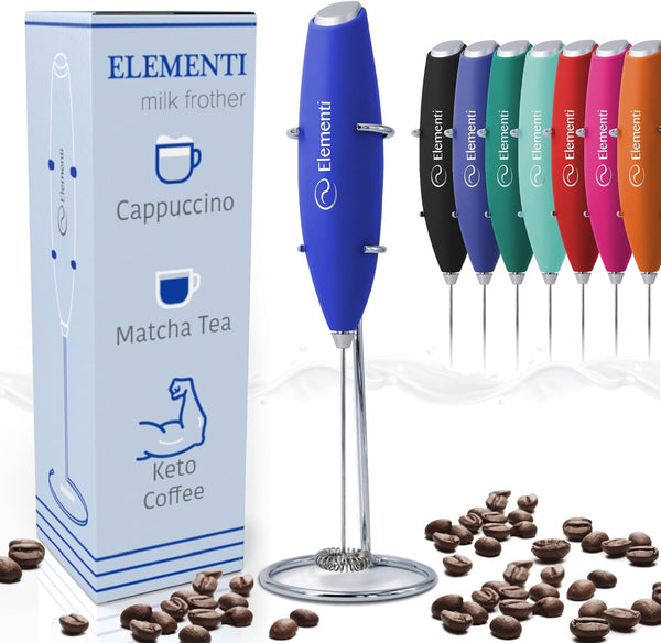 Elementi Milk Frother Wand & Matcha Mixer, Mini Electric Whisk for Coffee, Handheld Frother & Stirrers (Sapphire Blue)