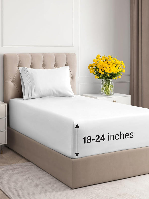 Extra Deep Pocket Twin Sheets Set - 3 Piece Breathable & Cooling Bed Sheets - Soft, Wrinkle Free White