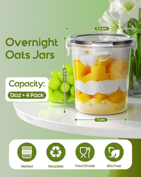 Overnight Oats Container with Lids, 4 Pack 13oz BPA Free Plastic Mason Jars, Leak Proof for Yogurt and Soup