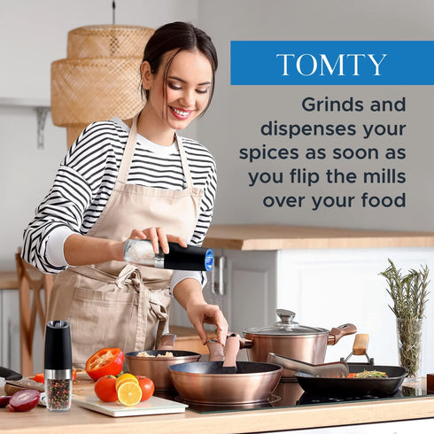 Gravity Electric Salt and Pepper Grinder Set: Ideal Gifts for Women and Men, Perfect for White Elephant, Kitchen Gadgets for Housewarming, Cooking, Grilling – Battery Operated Shakers Automatic by TOMTY