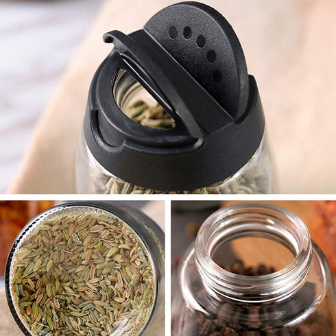 Celiseaya (10 1PCS Glass Spice Jars, Double Lids Seasoning Shakers Glass Bottles Spice Shakers Sifter Barbecue Salt