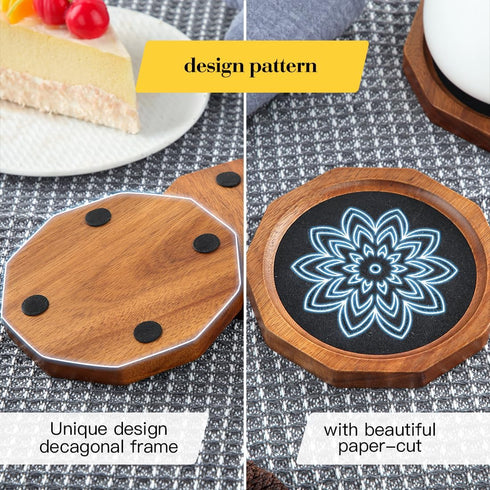 LiWiBet 4.3 Inch Set 6 Wood Coasters for Drinks Absorbent with Lip, Rustic Acacia Wood Black Felt Coaster with Holder