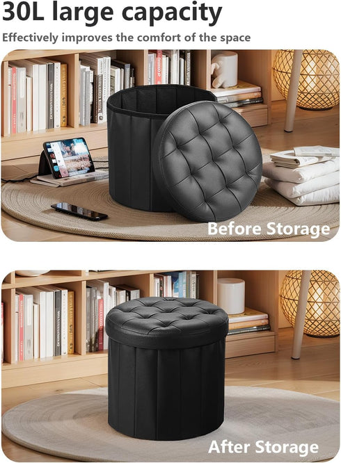 14" 14" 13"Inch, Bsketa Folding Storage Ottoman Round x x Foot Stool with Thicker Foam Padded Seat Small Leather
