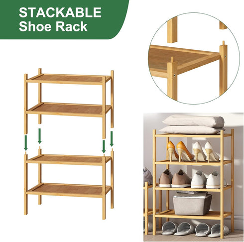 kiplant 4-Tier Closet, Small Shoe Rack, Bamboo Wood Shoe Rack for Entryway, Stackable Shoe Organizer for Hallway Free