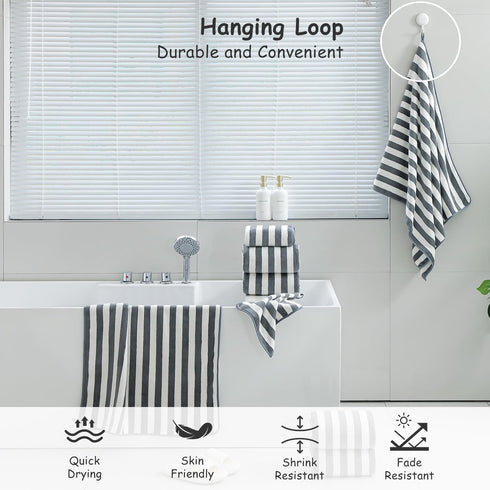 18 Set Loop-6 Towels,6 Towels,6 Set Pcs Gray Stripe Bath Towel with Hanging Bath Hand Washcloths Soft Family Towels