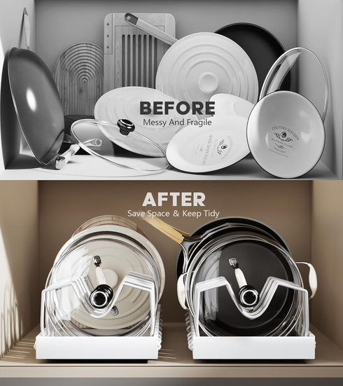 Pull Out Pots and Pans Organizer Under Cabinet, Sliding Lid Holder and Pan Rack, 8 Adjustable Dividers, 2 Pack White