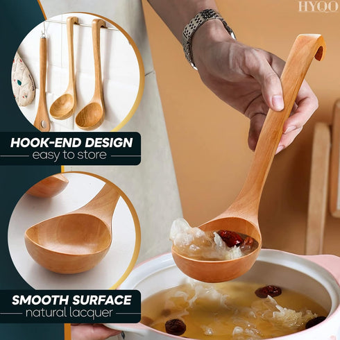 Wooden Ladle for Soup, 10.8x2.8" with Deep Scoop, Hanging Hook, Lacquer Coating