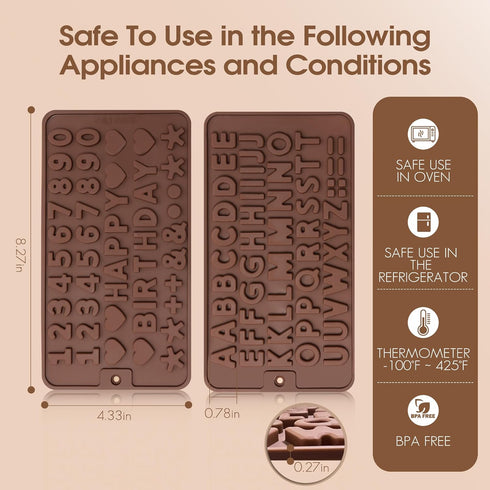 Silicone Letter and Number Chocolate Molds with Happy Birthday Cake Decorations Symbols, 2pcs