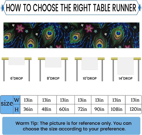 Aglebo 48 Inches 13 48 Inches Peacock Feather Table Runner Washable Table Runners Long Kitchen Dining Table Decoration