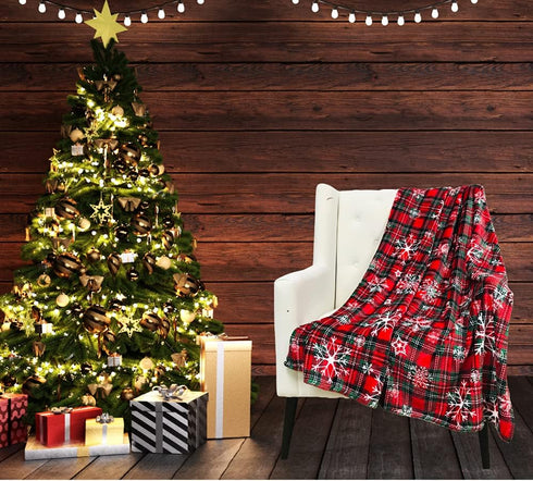 Cozy Christmas Holiday Plaid Throw Blanket with Snowflakes: Soft Accent for Sofa Couch Chair Bed or Dorm, Red Green