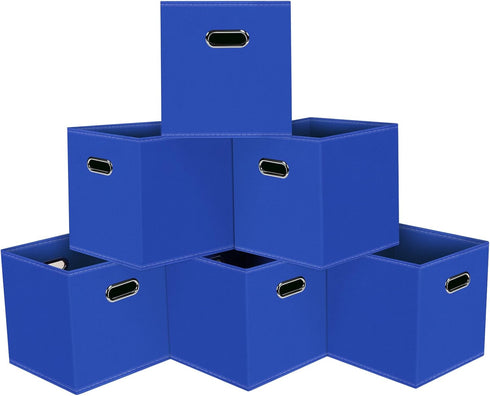 Black Foldable Storage Cubes Bins, Set of 6 Fabric Organizer Baskets with Dual Handles (Dark Blue)