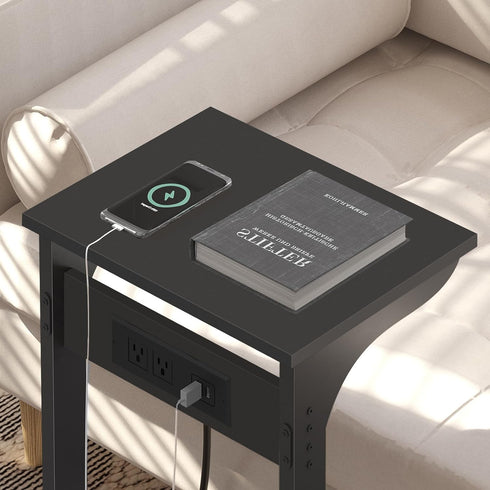 2 TB01BK044 TUTOTAK C Shaped End Table with Charging Station, Side Table, Couch Table for Small Spaces, Tv Tray Table
