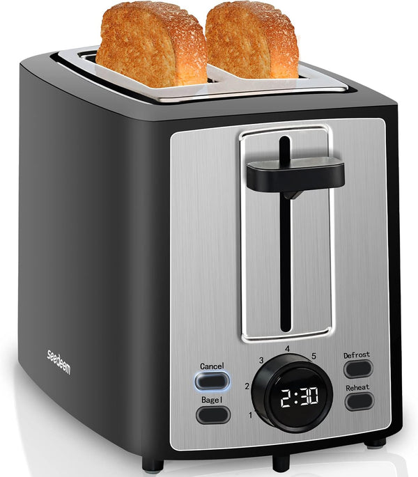 SEEDEEM 2 Slice Toaster with LCD Display - 7 Shade Settings, Extra Wide Slots, Removable Crumb Tray, Carbon Black