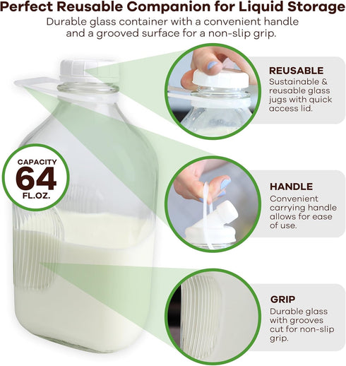 The Dairy Shoppe Heavy Glass Milk Bottle - Jug with Lid and Silicone Pour Spout - Clear Milk Container for Fridge (64