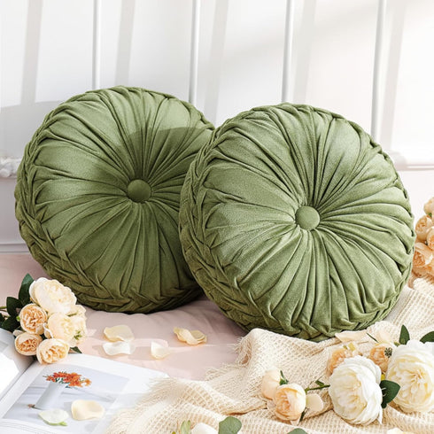Drydiet 2 Pcs Round Throw Velvet Pillows Decorative Pleated Throw Pillows 15''