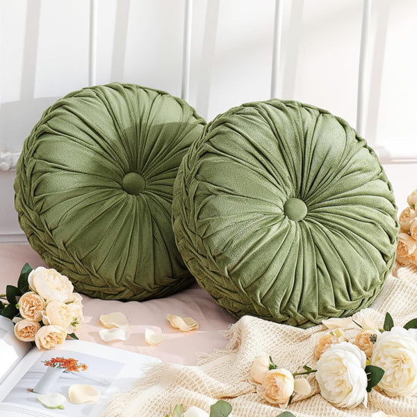 Drydiet 2 Pcs Round Throw Velvet Pillows Decorative Pleated Throw Pillows 15''