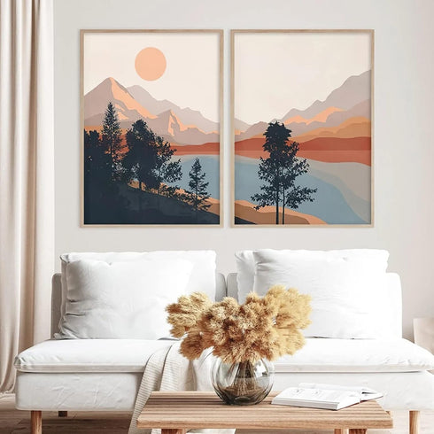 Bankrenart Nature Landscape Wall Art Prints: Mountain Sun Lake Artwork for Living Room Unframed 16x24 Inch