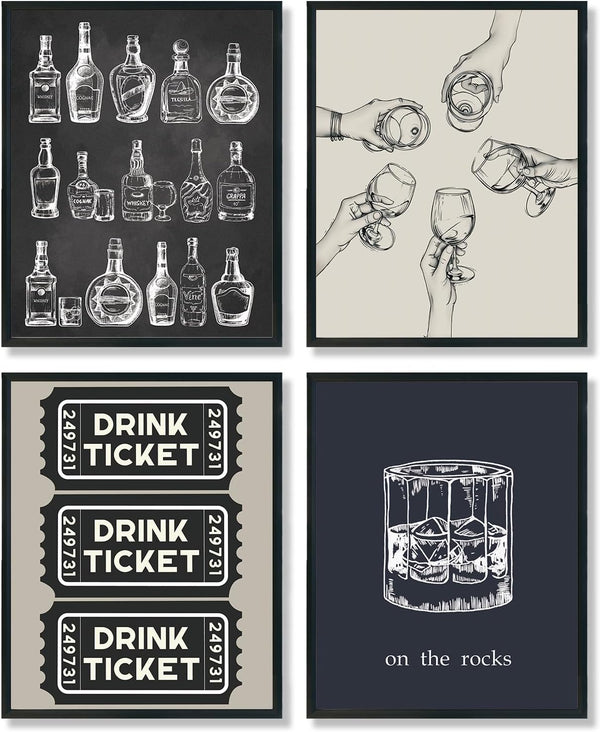 ULEGIE Bar Cart Decor, Wall Art Set of 4, Whiskey Posters for Men